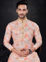 Peach Cotton Digital Print Readymade Kurta Pajama